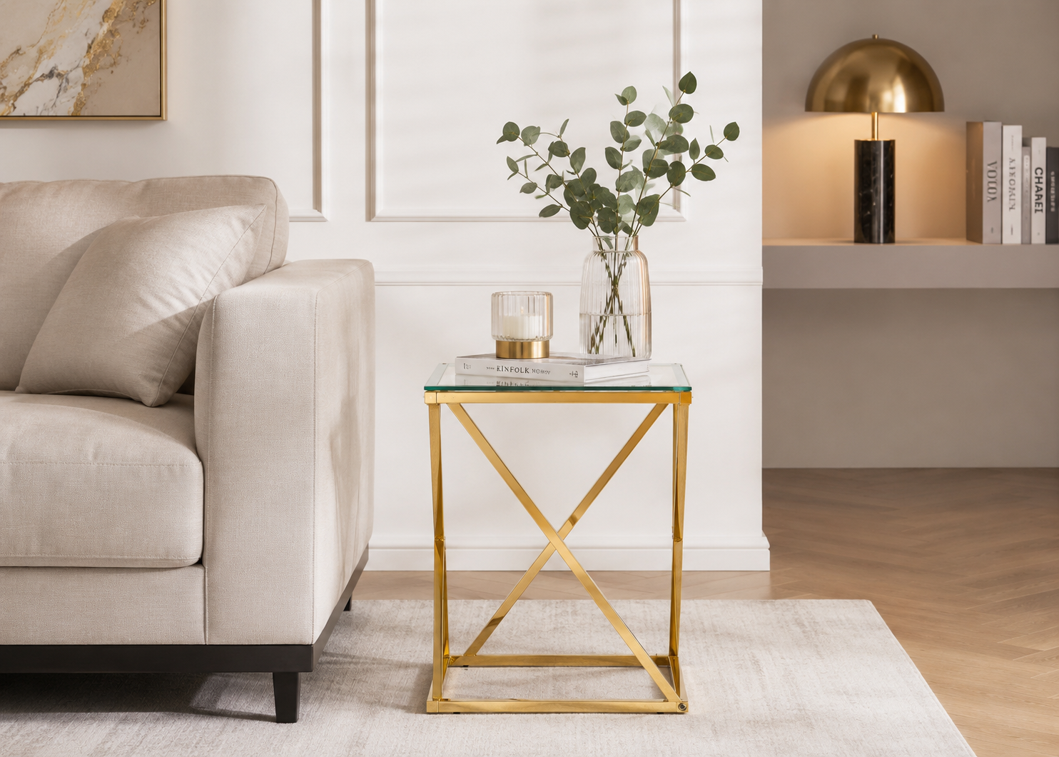 Guéridon BEVERLY – Pied Gold & Verre Transparent – 40x40x55 cm #couleur_transparent 