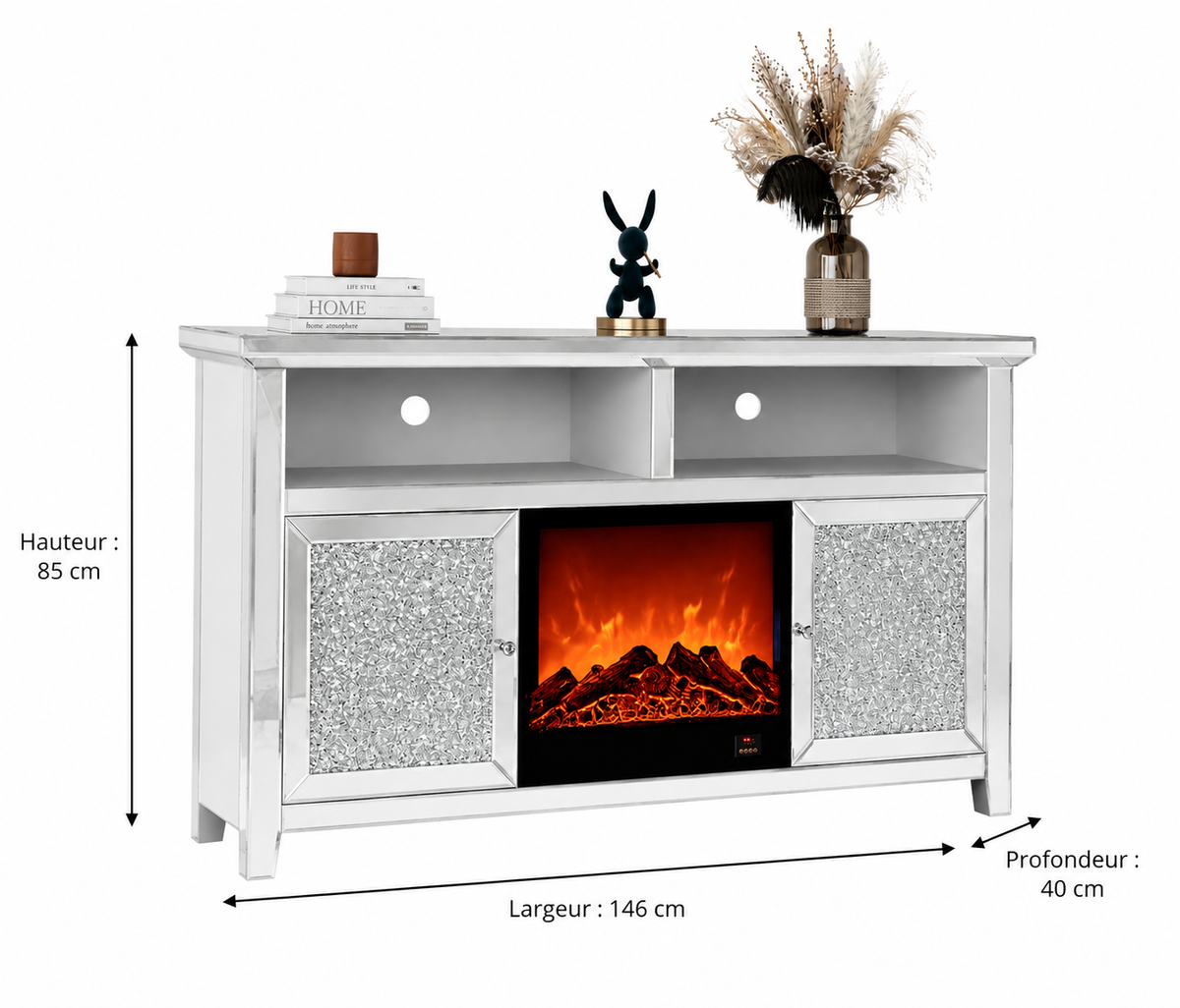 Meuble TV avec Cheminée ÉTINCELLE – 146x40x85 cm – Effet Miroir Chic