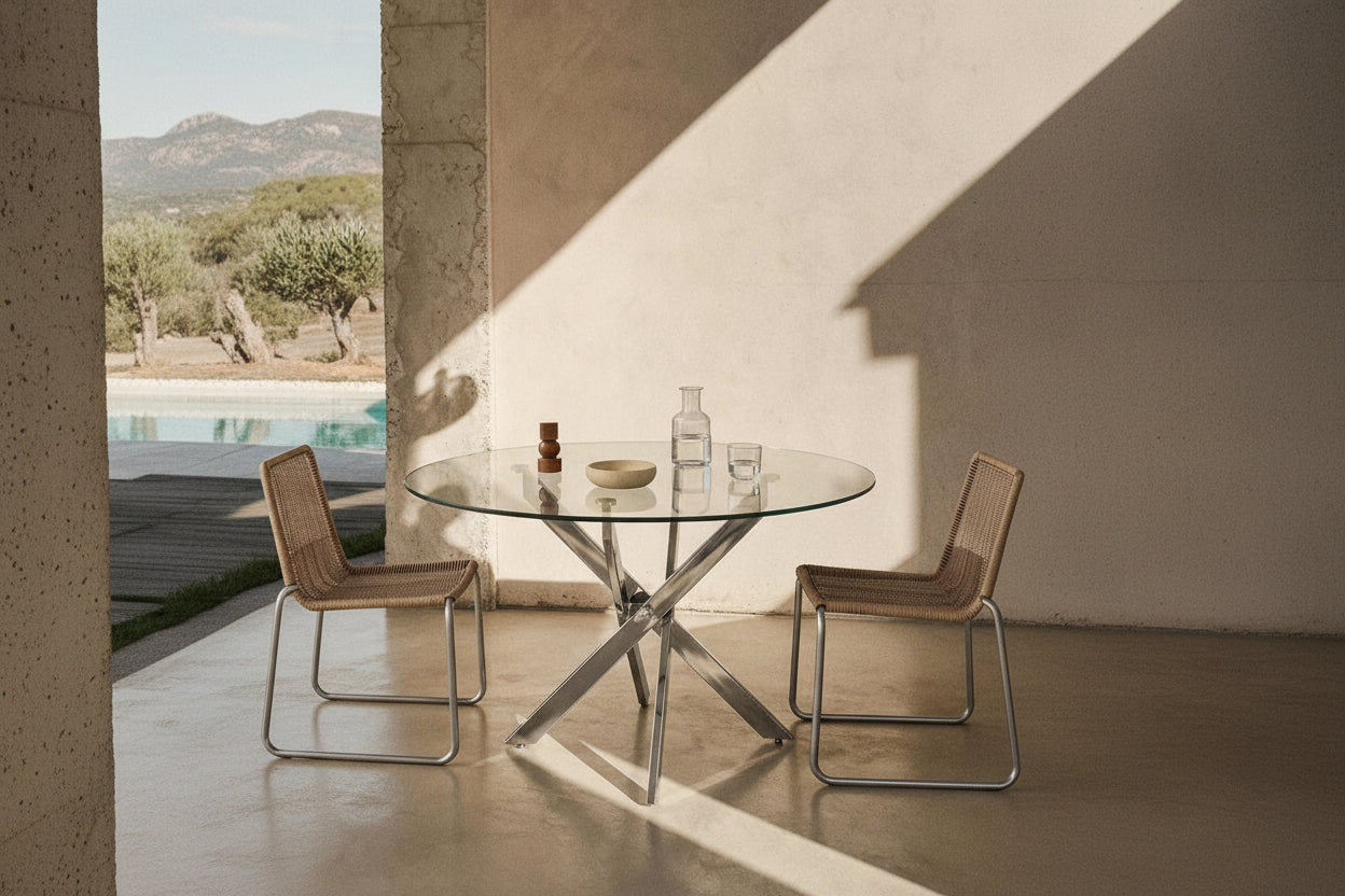 Table à manger ronde TRANSPARENT JESSICA chrome XXL 120 cm 4 couverts