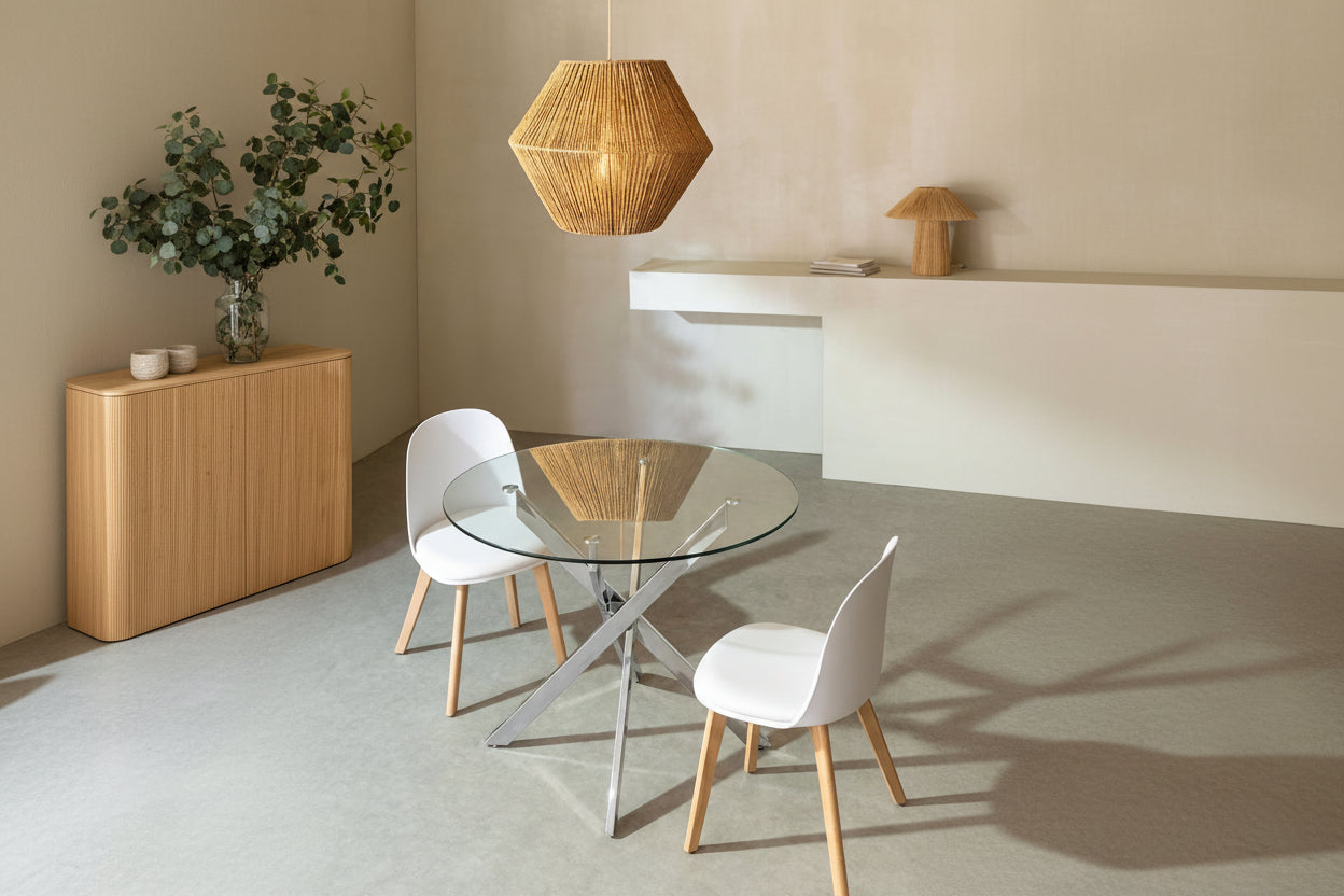 Table à manger ronde TRANSPARENT JESSICA chrome XXL 120 cm 4 couverts