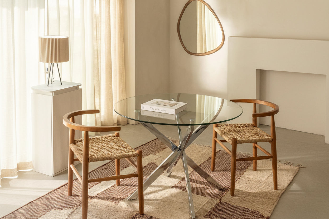 Table à manger ronde TRANSPARENT JESSICA chrome XXL 120 cm 4 couverts