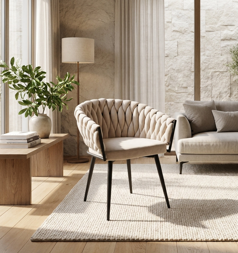 Lot de 2 chaises TRESSEES Velours Pied en métal noir - Beige
