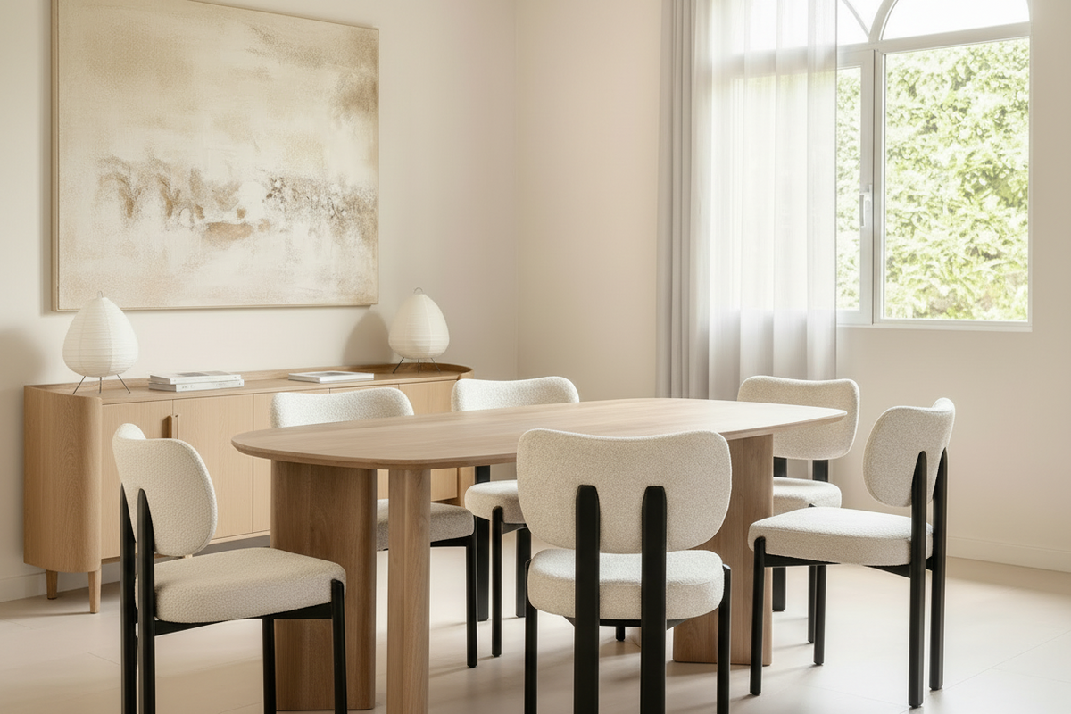 Lot de 4 chaises salle à manger tissu chenille beige pieds métal noir BAGUETTE