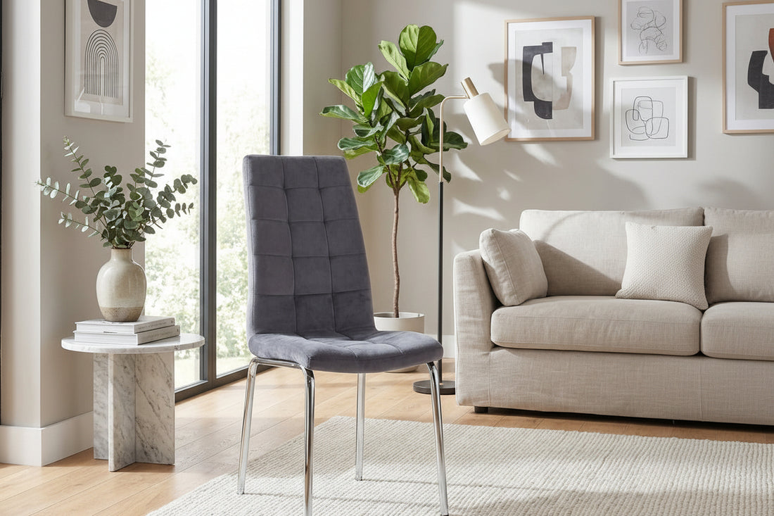 Lot 6 chaises salle à manger velours gris capitonné pieds chromés - Emma #couleur_gris