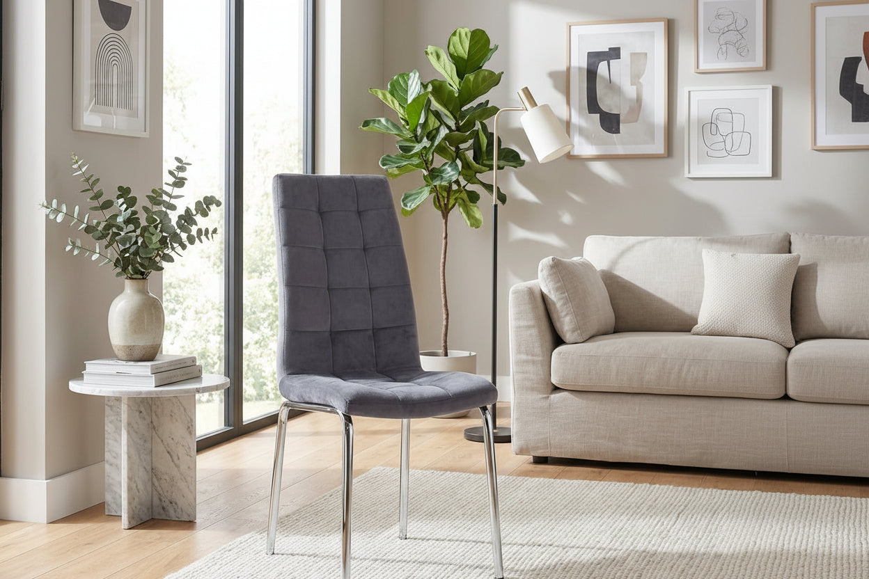 Lot 6 chaises salle à manger velours gris capitonné pieds chromés - Emma #couleur_gris