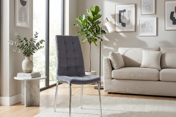 Lot 6 chaises salle à manger velours gris capitonné pieds chromés - Emma #couleur_gris
