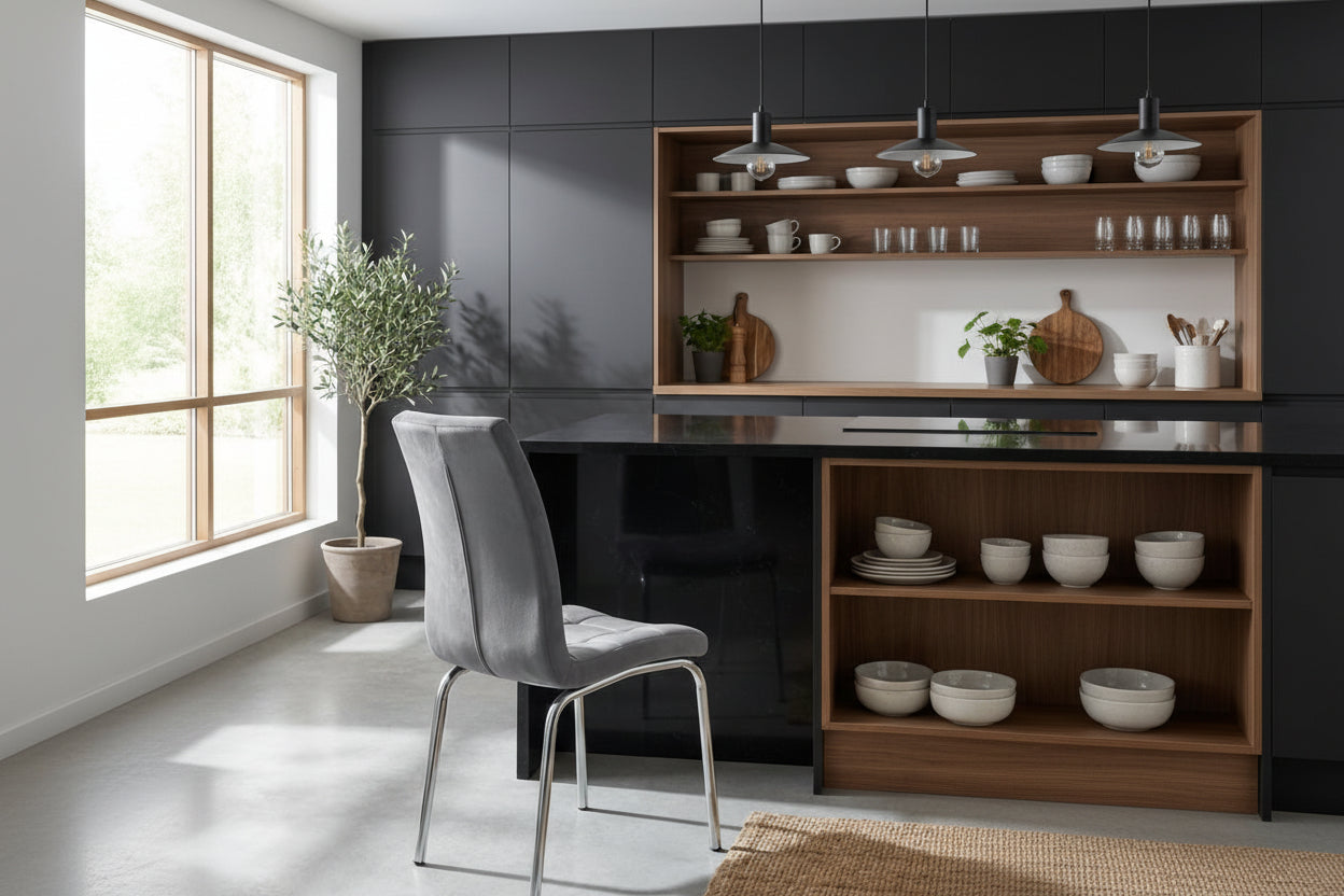 Lot 6 chaises salle à manger velours gris capitonné pieds chromés - Emma #couleur_gris