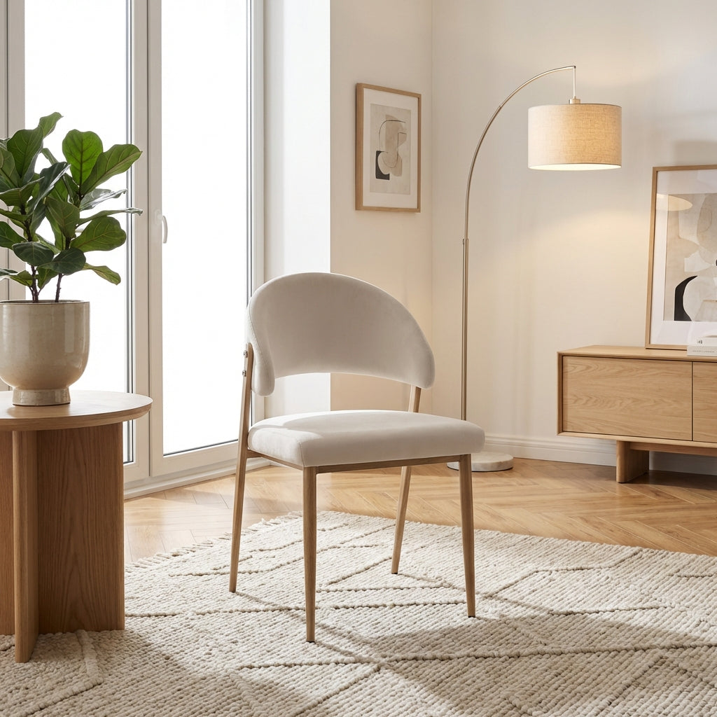 Lot 4 chaises salle à manger velours beige pieds effet bois LAMIA #couleur_beige