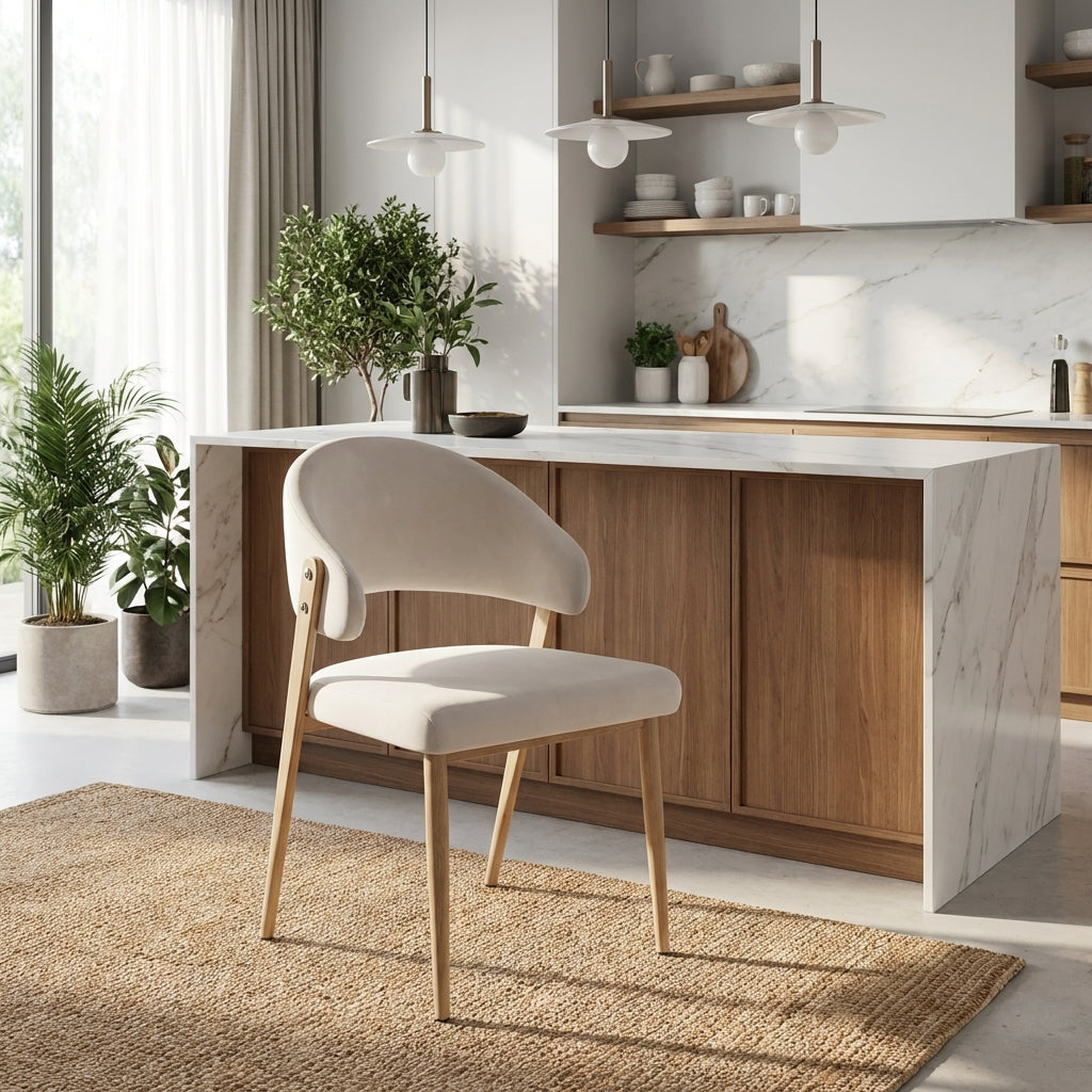 Lot 4 chaises salle à manger velours beige pieds effet bois LAMIA #couleur_beige