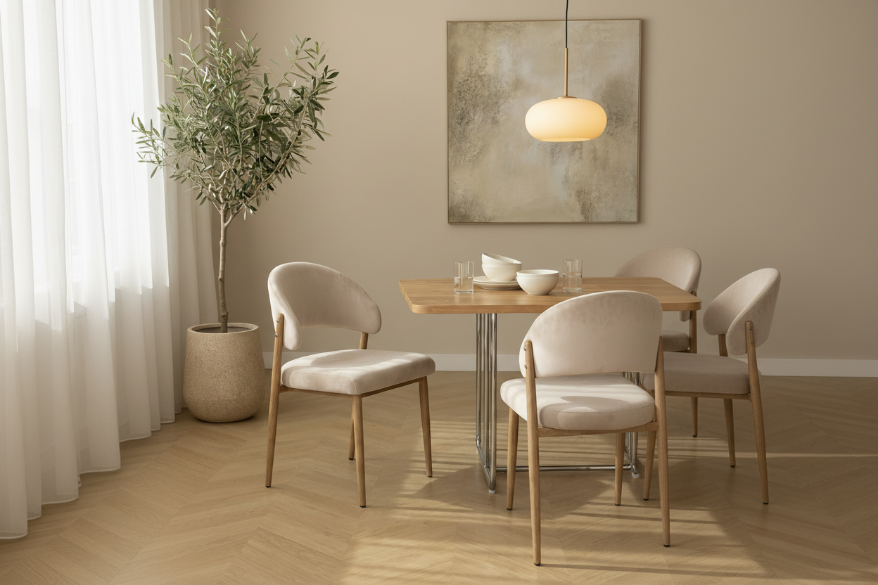 Lot 4 chaises salle à manger velours beige pieds effet bois LAMIA #couleur_beige