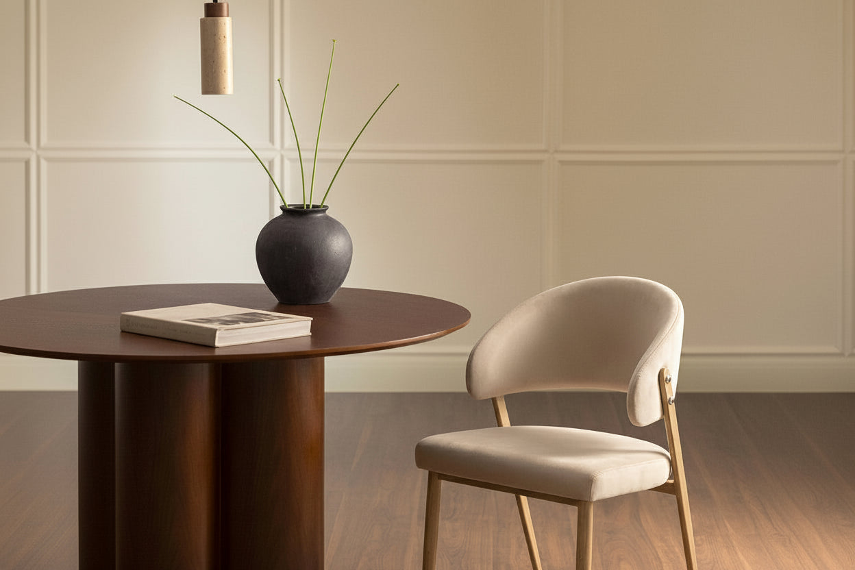 Lot 4 chaises salle à manger velours beige pieds effet bois LAMIA #couleur_beige