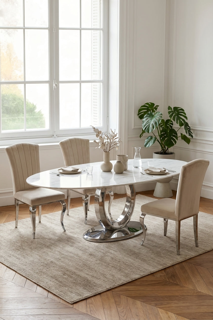 Lot de 6 chaises salle à manger velours beige pieds chrome 101 cm LOUIS