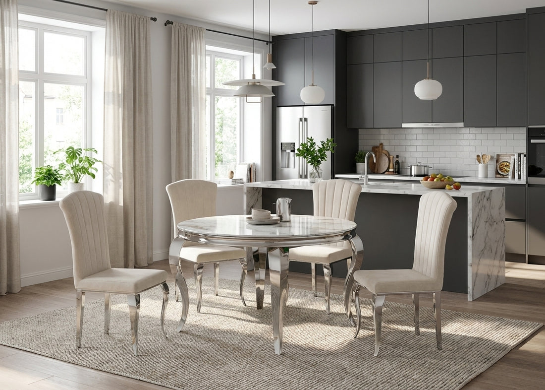 Lot de 6 chaises salle à manger velours beige pieds chrome 101 cm LOUIS