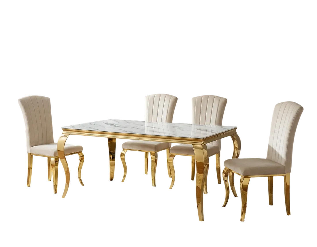Ensemble Table à manger 180cm Plateau Marbré + 6 Chaises Velours Beige Pieds Gold #couleur_beige