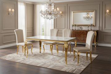 Ensemble Table à manger 180cm Plateau Marbré + 6 Chaises Velours Beige Pieds Gold #couleur_beige