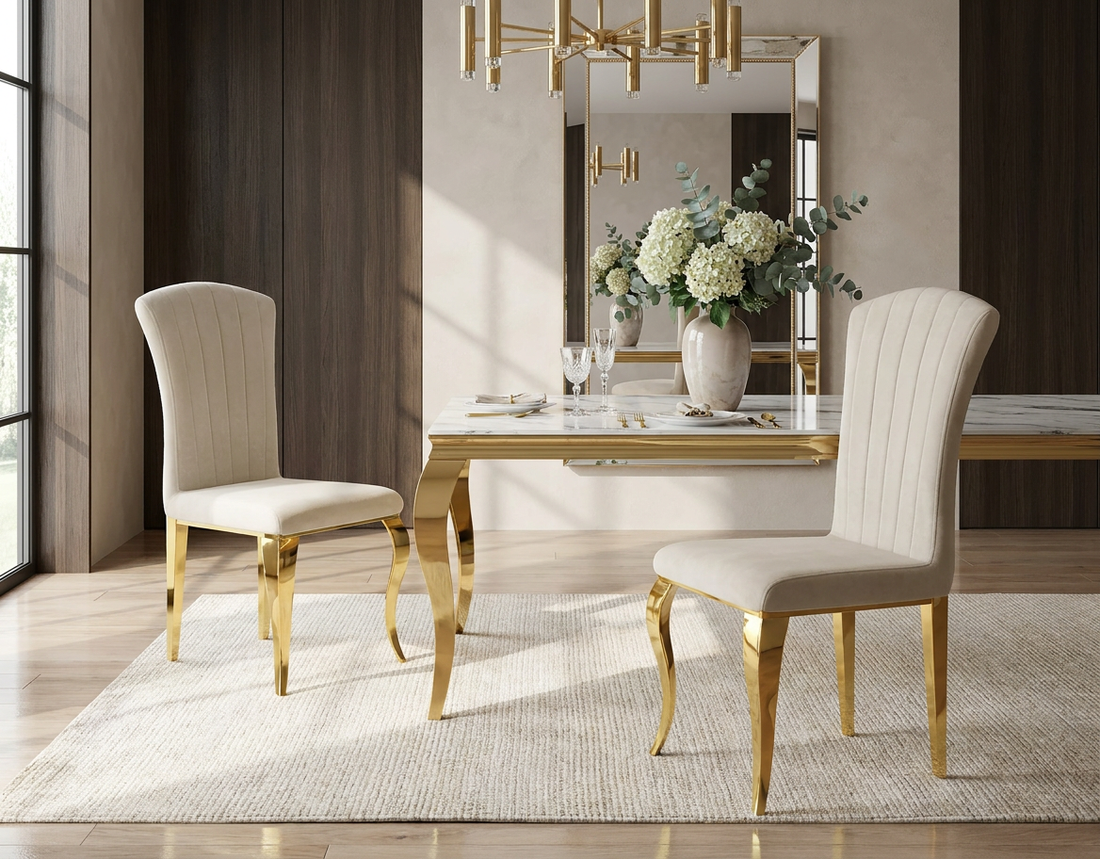 Ensemble Table à manger 180cm Plateau Marbré + 6 Chaises Velours Beige Pieds Gold #couleur_beige
