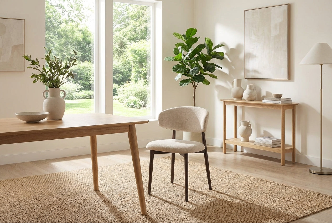 Lot de 4 Chaises de salle à manger Design – Piètement Effet Noyer & Tissu Beige