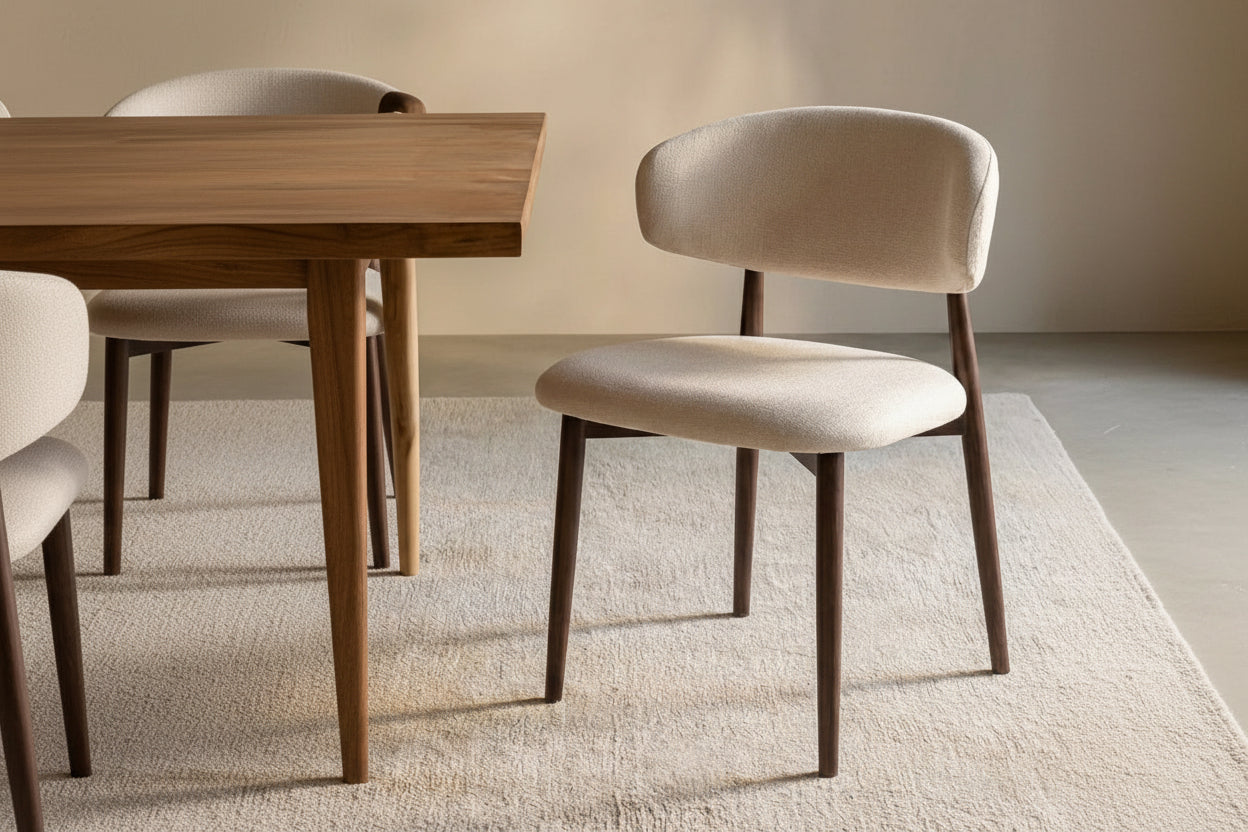 Lot de 4 Chaises de salle à manger Design – Piètement Effet Noyer & Tissu Beige