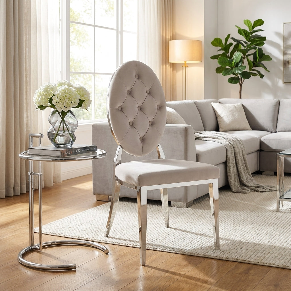 Lot de 4 chaises MEDAILLON capitonnées  chrome et velours Moka