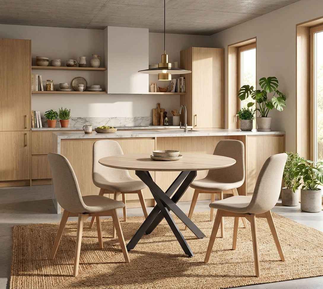 Ensemble table ronde chêne 100 cm + 4 chaises tissu beige JESSICA