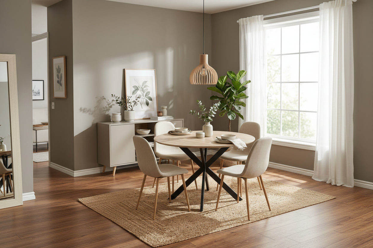 Ensemble table ronde chêne 100 cm + 4 chaises tissu beige JESSICA