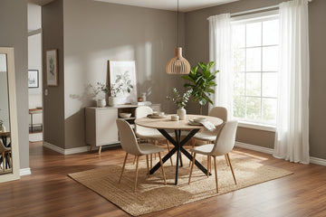 Ensemble table ronde chêne 100 cm + 4 chaises tissu beige JESSICA