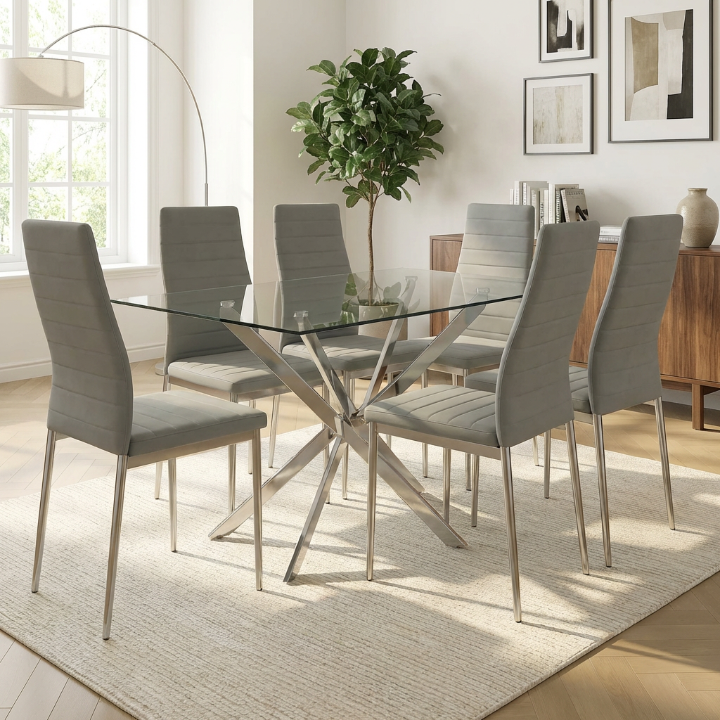 Lot 6 chaises velours gris pieds métal chrome 39x39x95 cm TOLIA