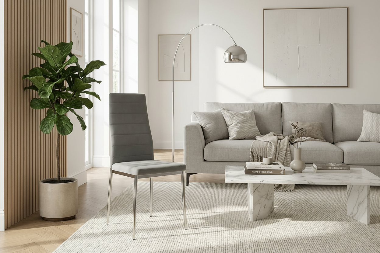 Lot 6 chaises velours gris pieds métal chrome 39x39x95 cm TOLIA