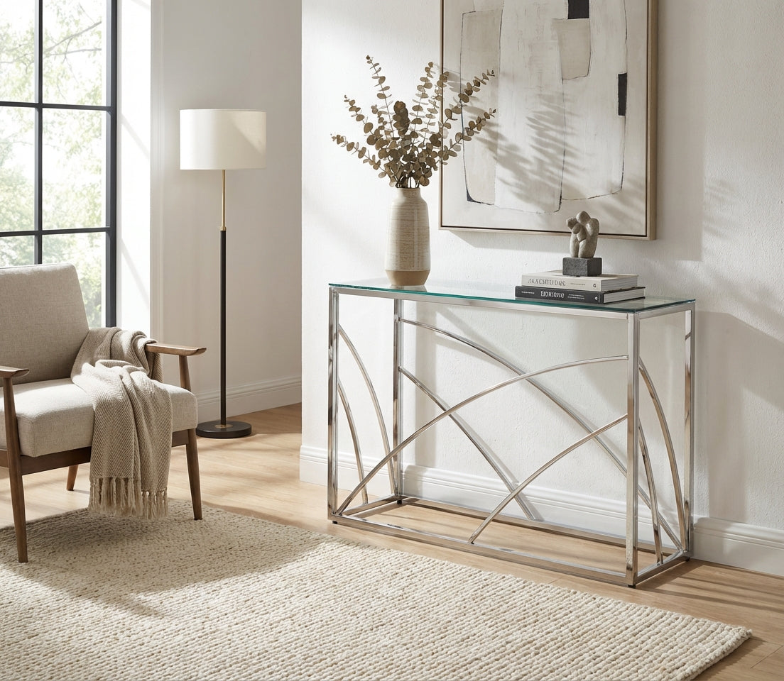 Console métal chrome plateau verre transparent 120x40x78 cm CALVIN