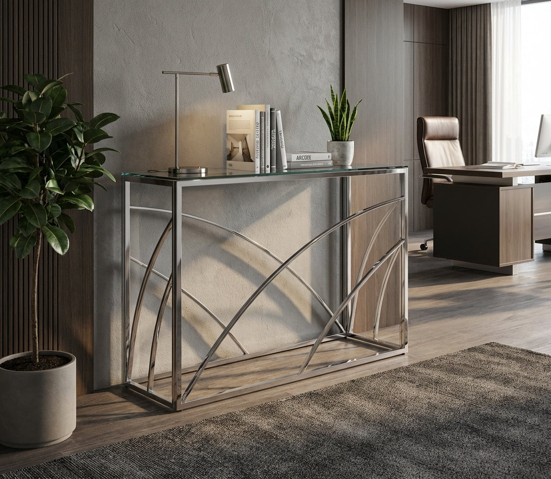 Console métal chrome plateau verre transparent 120x40x78 cm CALVIN