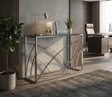 Console métal chrome plateau verre transparent 120x40x78 cm CALVIN