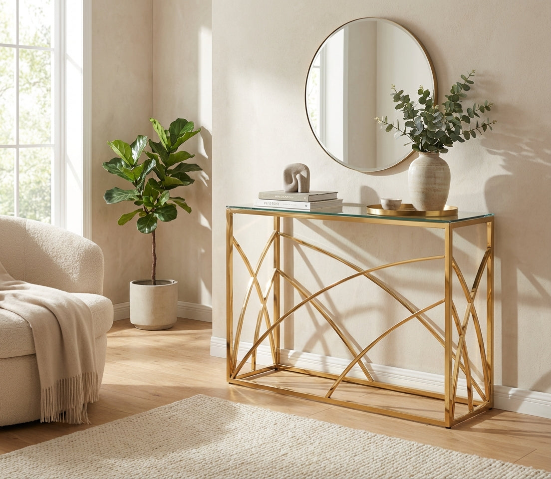 Console métal gold plateau verre transparent 120x40x78 cm CALVIN
