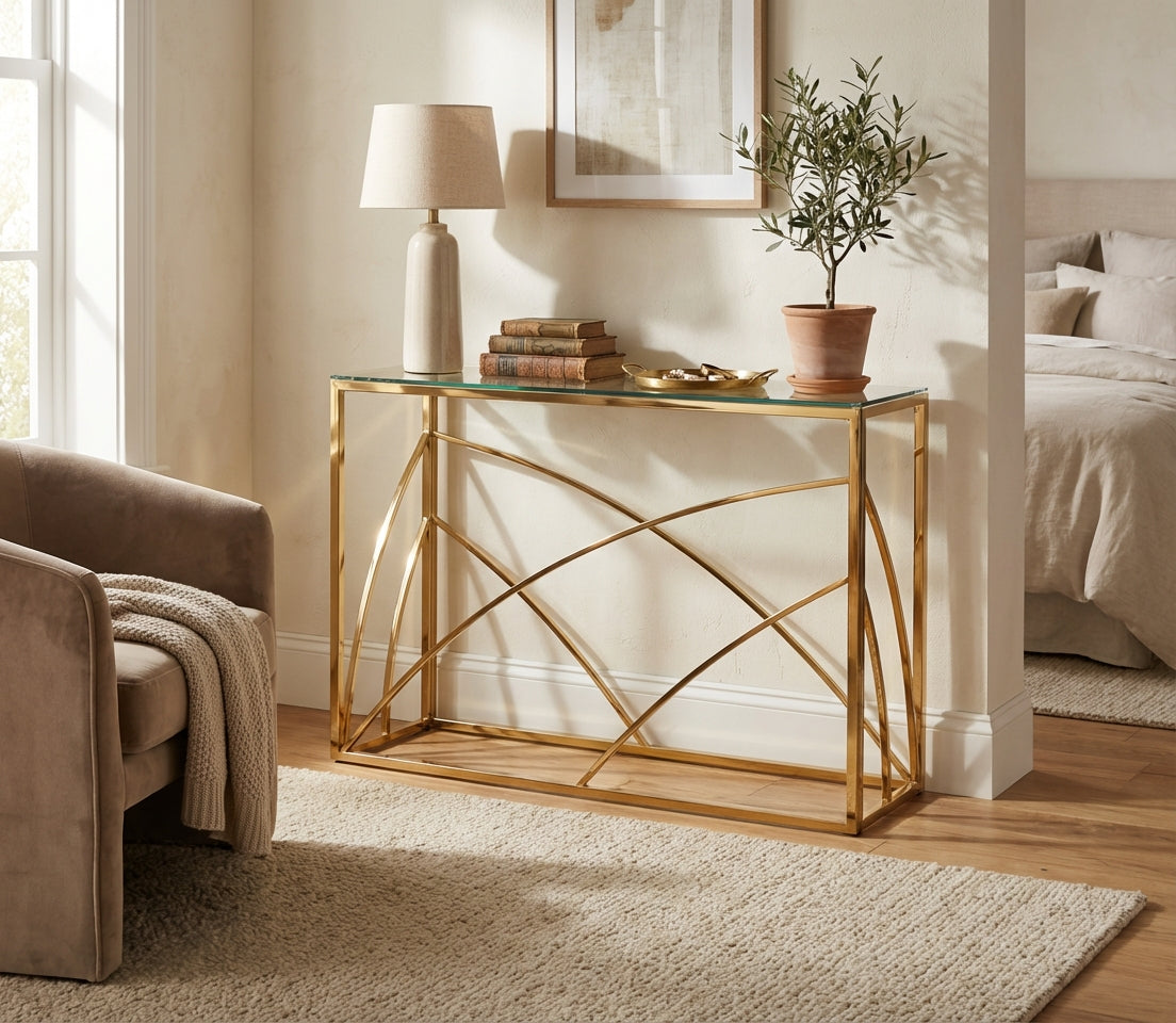 Console métal gold plateau verre transparent 120x40x78 cm CALVIN