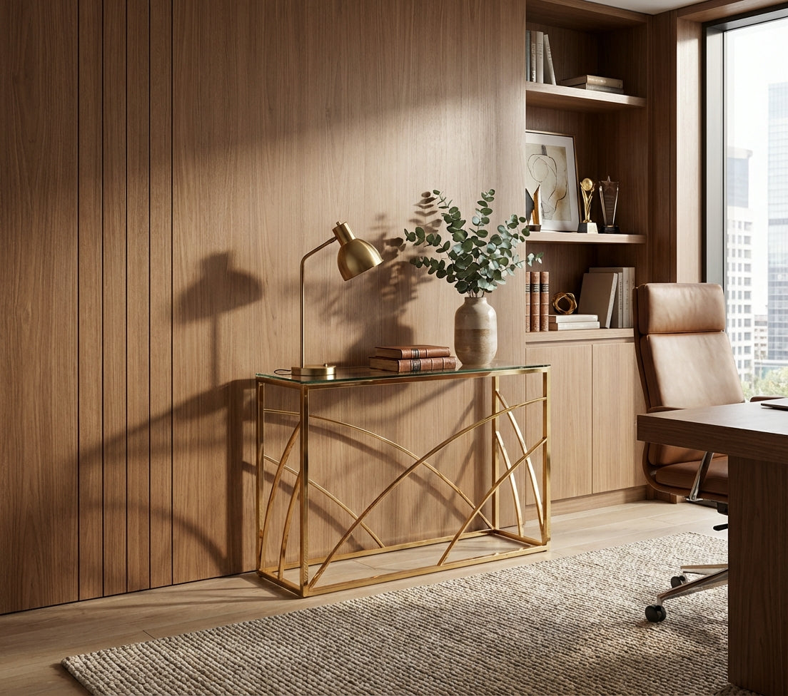 Console métal gold plateau verre transparent 120x40x78 cm CALVIN
