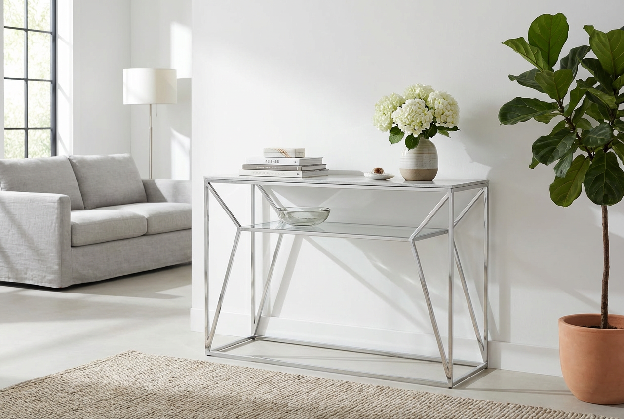 Console métal chrome plateau verre effet marbré blanc 120x40x78 cm CHERYL