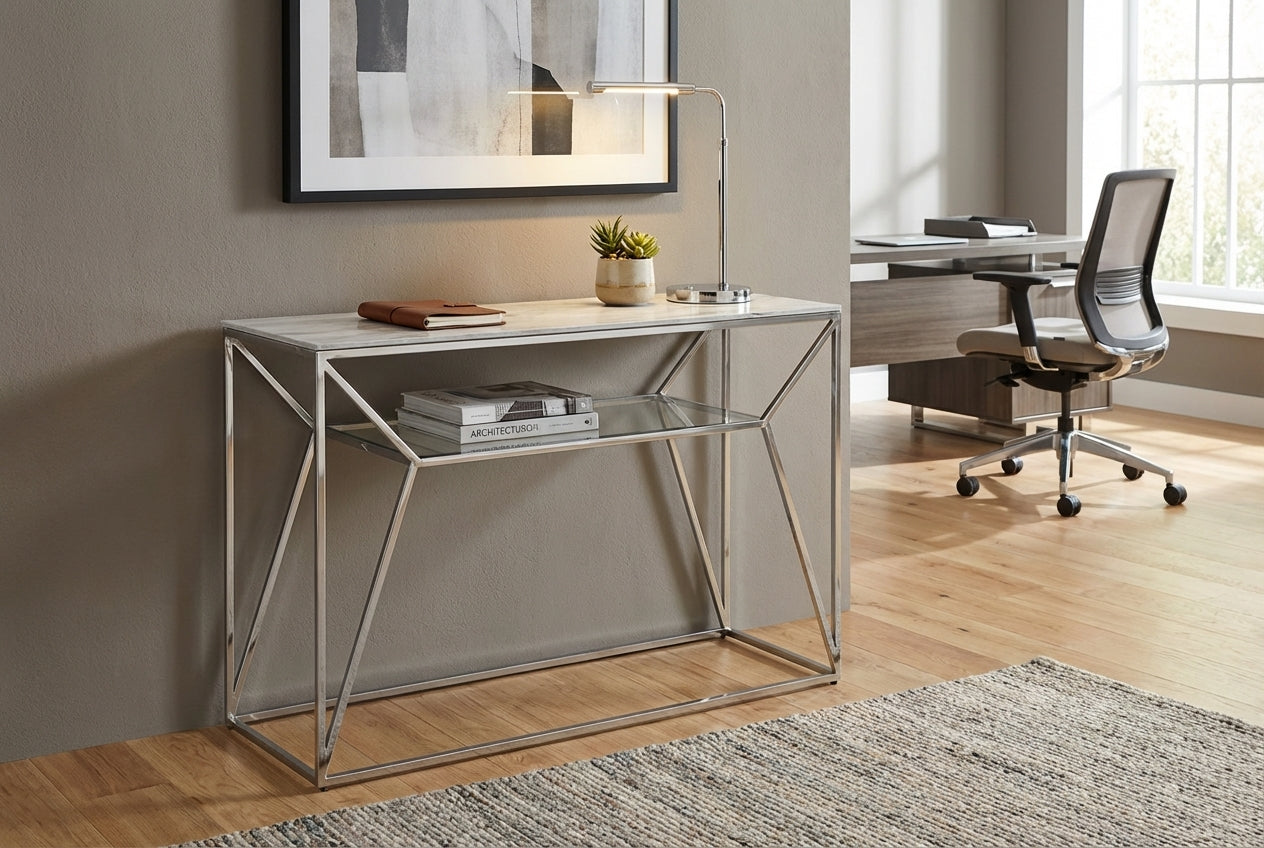 Console métal chrome plateau verre effet marbré blanc 120x40x78 cm CHERYL
