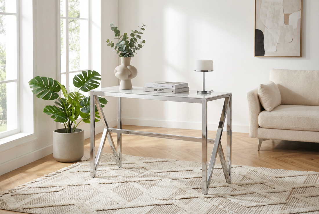 Console métal chrome plateau effet marbre blanc 120x40x78 cm MAJESTIQUE