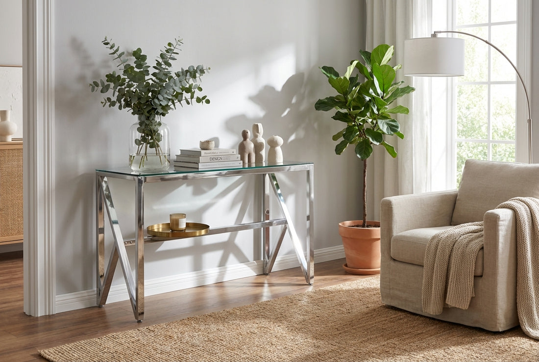 Console métal chrome verre transparent 120x40x78 cm MAJESTIQUE