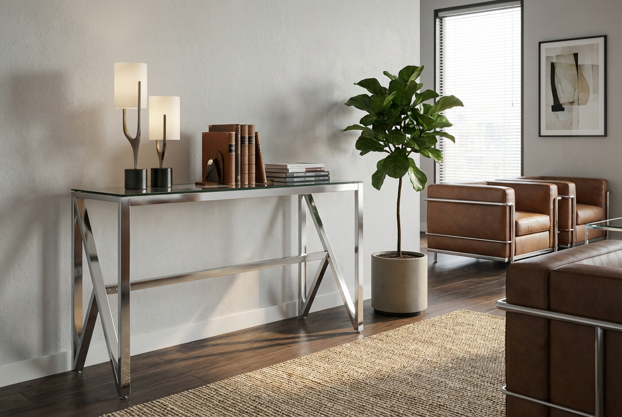 Console métal chrome verre transparent 120x40x78 cm MAJESTIQUE