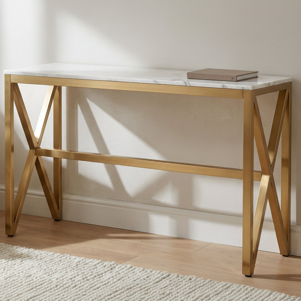 Console métal gold plateau en verre effet marbré blanc 120x40x78 cm MAJESTIQUE