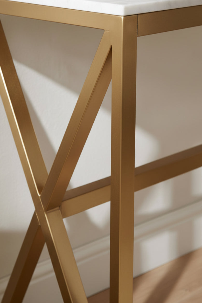 Console métal gold plateau en verre effet marbré blanc 120x40x78 cm MAJESTIQUE