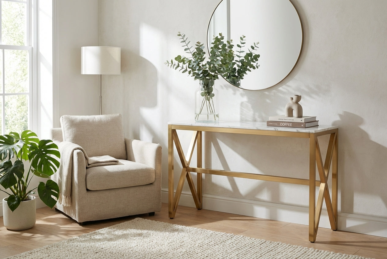 Console métal gold plateau en verre effet marbré blanc 120x40x78 cm MAJESTIQUE