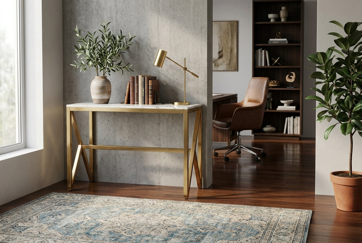 Console métal gold plateau en verre effet marbré blanc 120x40x78 cm MAJESTIQUE