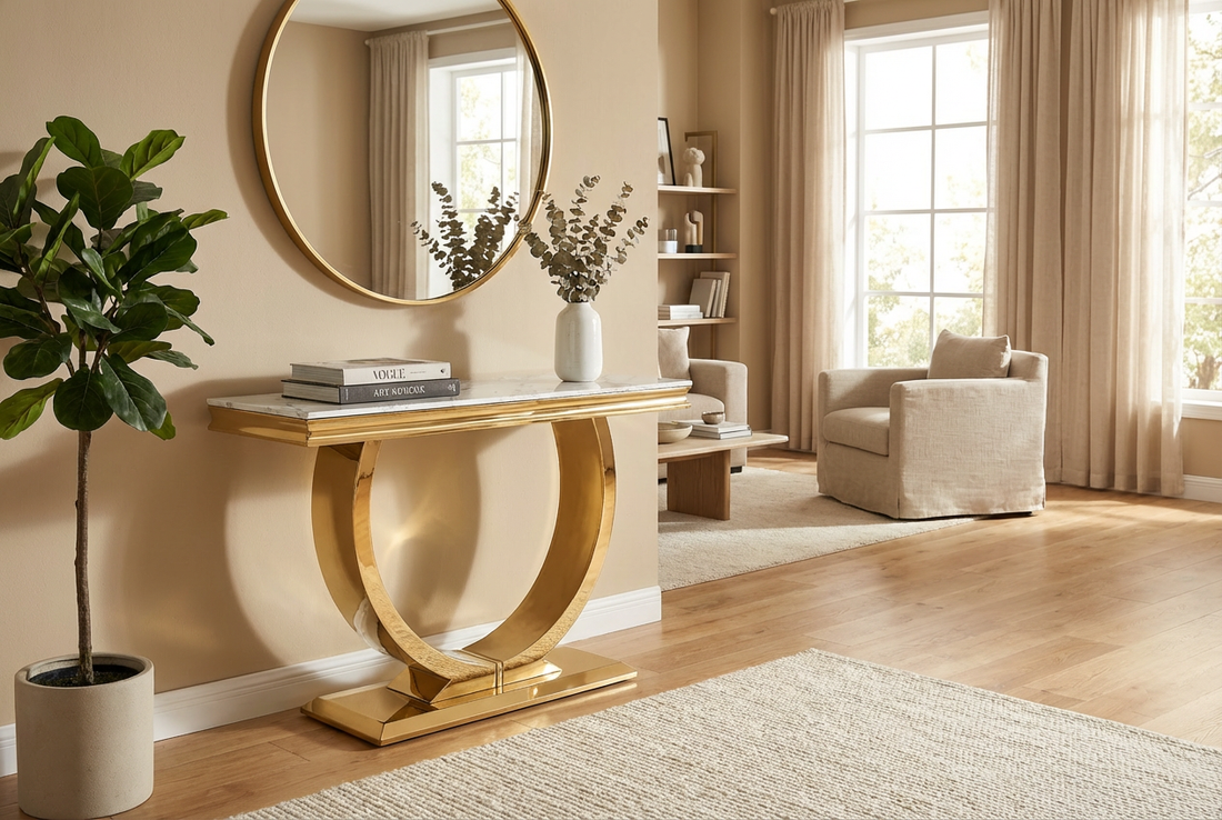 Console métal gold plateau effet marbre blanc 120x40x78 cm OMEGA