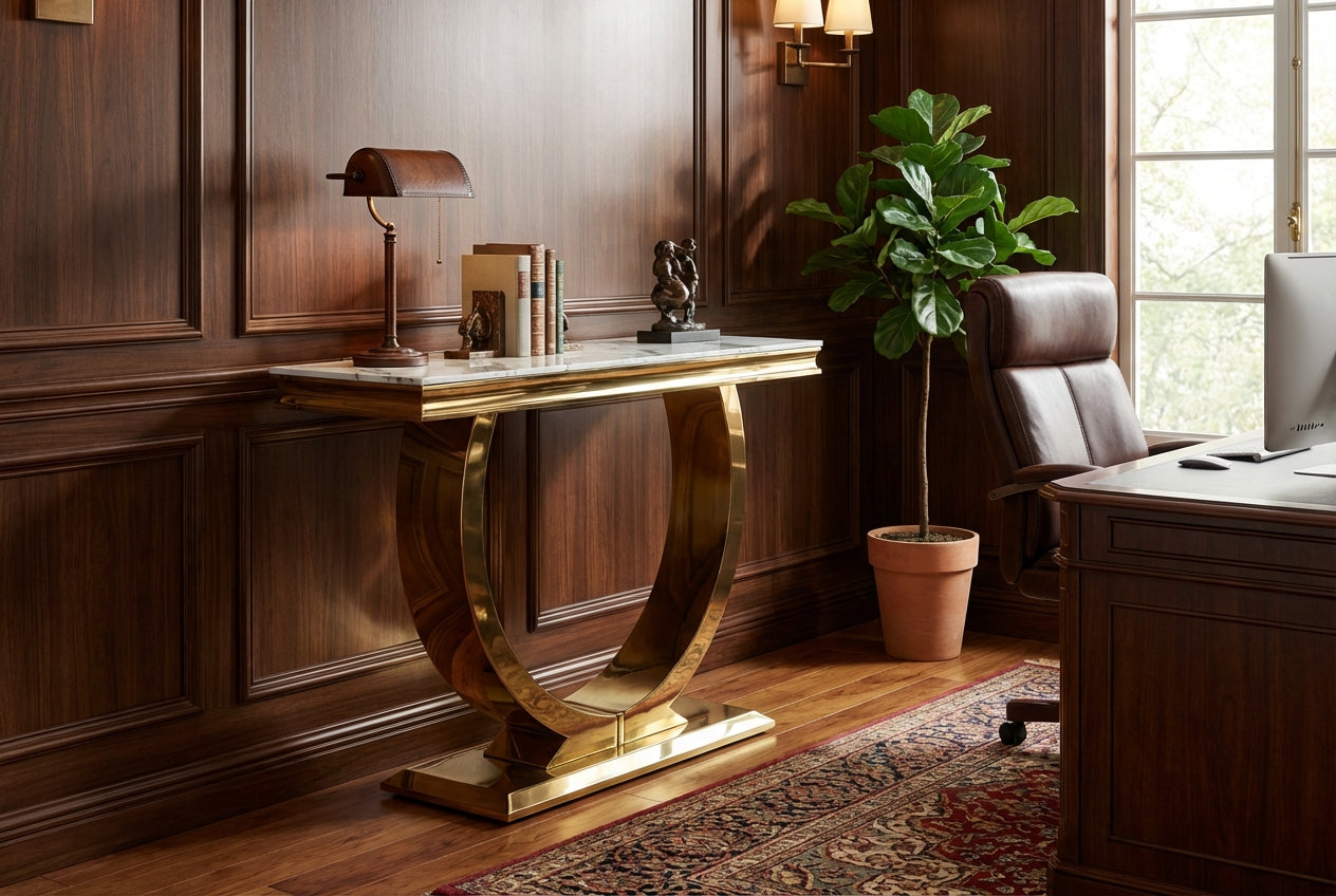 Console métal gold plateau effet marbre blanc 120x40x78 cm OMEGA