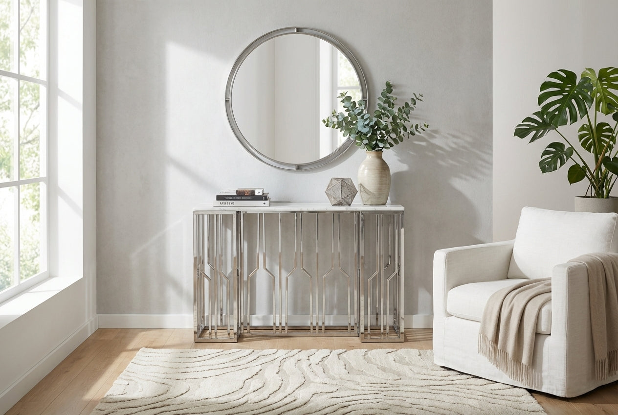 Console effet marbre blanc structure métal chrome 120x40x78 cm PORTOFINO