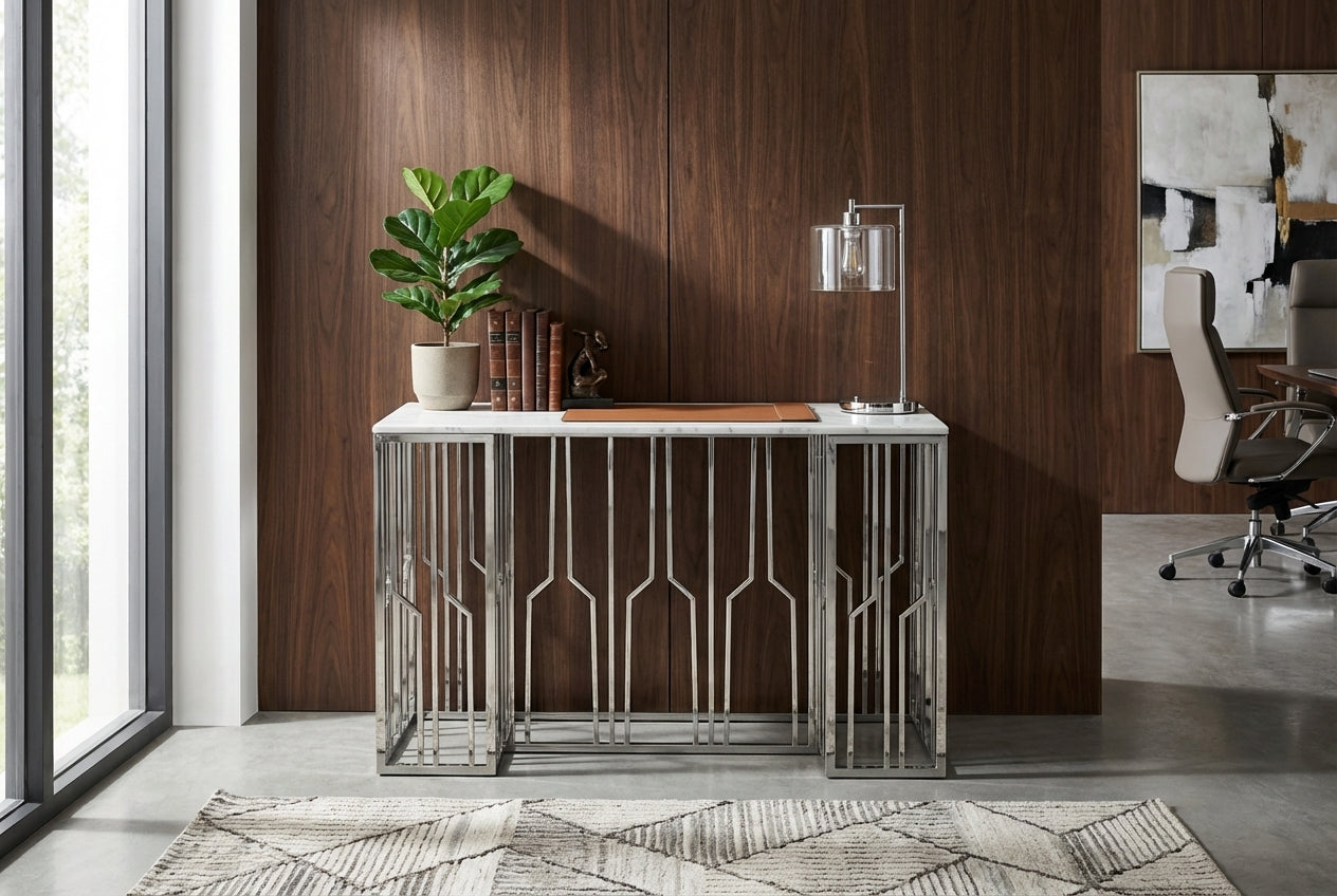 Console effet marbre blanc structure métal chrome 120x40x78 cm PORTOFINO