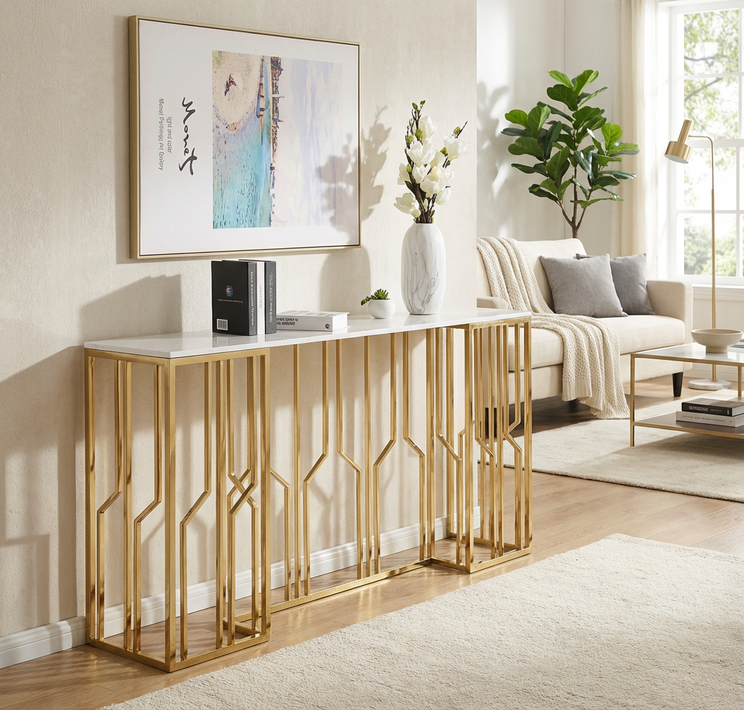 Console effet marbre blanc structure métal dore 120x40x78 cm#couleur_marbré_blanc