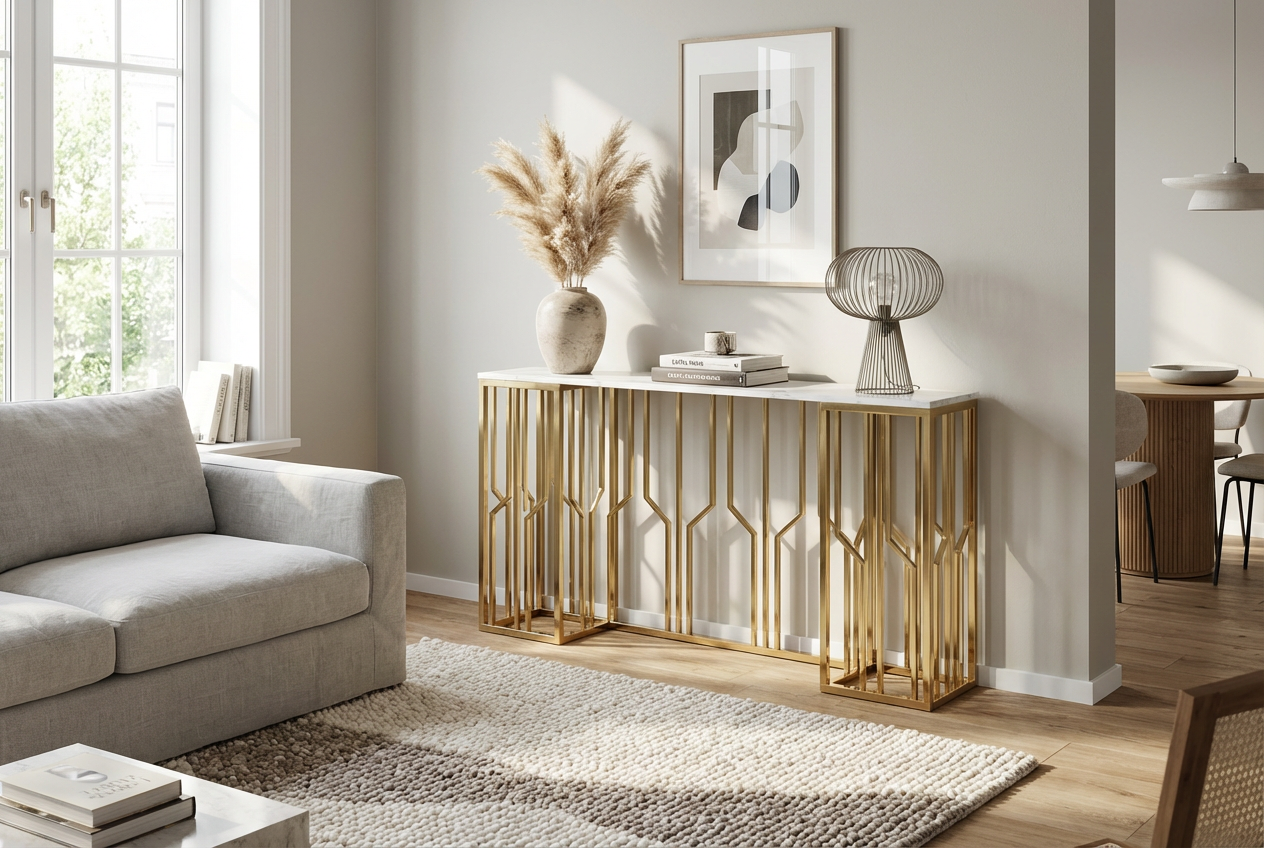 Console effet marbre blanc structure métal dore 120x40x78 cm#couleur_marbré_blanc