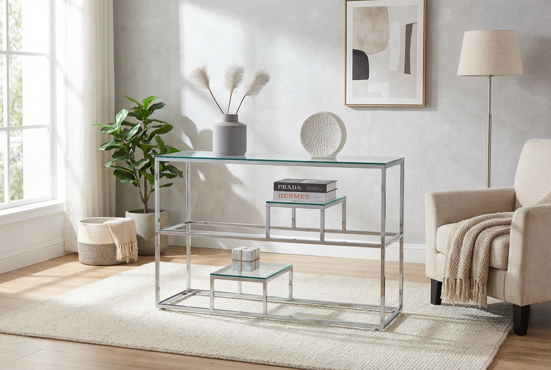 Console métal chrome plateau transparent 120x40x78 cm ROMY